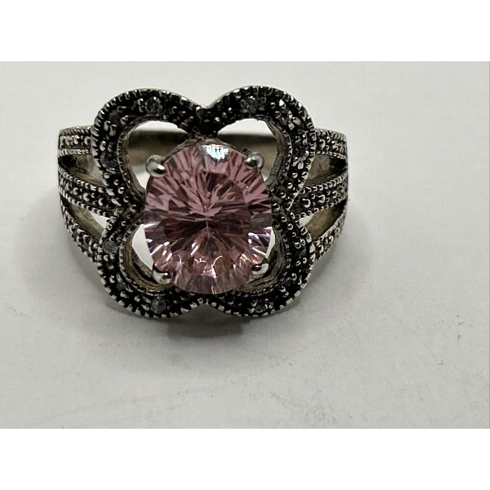 Vintage .925 Sterling Silver  Cocktail Ring With Pink Stone Size 10.5 macrasites